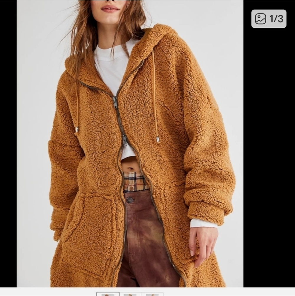 Free People Hooded Cassie Teddy Duster Coat Cinnamon - Picture 2 of 9